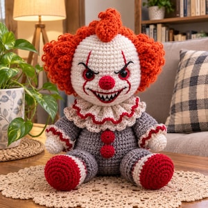 Könnte beinhalten: Eine gehäkelte Clown-Puppe mit leuchtend orangefarbenem Garnhaar, einem weißen Gesicht mit roten und schwarzen Details, einem grinsenden Mund mit spitzen Zähnen und einem Rüschenkragen. Die Puppe trägt einen grauen Anzug mit roten Bommeln.