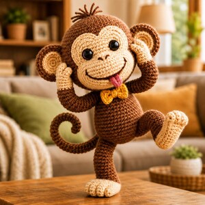 Virkad apa-mönster i pdf-format, Amigurumi-apans virkmönster för plyschleksak (videohandledning + pdf)