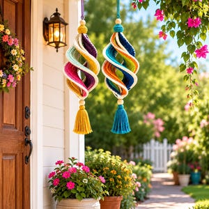 May include: Two hanging spiral ornaments crafted from crocheted yarn in vibrant multi-colored patterns. Each piece features a central twisted design, a wooden bead at the top and bottom, and a long yarn tassel hanging from the lower wooden bead.