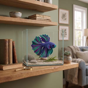 May include: A crocheted betta fish with vibrant purple, teal, and green yarn fins and body, displayed inside a clear glass cube aquarium. The aquarium contains light-colored sand, smooth gray river stones, and a small green plastic plant.