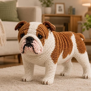 Può includere: Una statuetta di bulldog realizzata all'uncinetto a mano con un motivo di colore bianco e marrone. Il cane ha occhi scuri, un naso nero e una zona del muso rosa chiaro. La trama del filato è visibile su tutto il corpo con punti dettagliati.