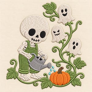 May include: An embroidery design featuring a white skeleton wearing green overalls, holding a gray watering can to water an orange pumpkin. Three small white ghosts with distinct facial expressions are attached to green vines with leaves.