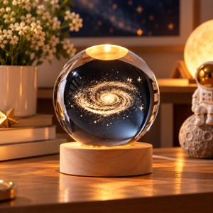 May include: A clear glass sphere featuring an internal laser-etched spiral galaxy design, illuminated from below by a circular light-colored wooden base. The sphere displays a detailed celestial pattern with bright points of light representing stars.