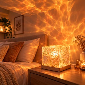 Puede incluir: Una lámpara de mesa cuadrada con una pantalla de cubo de vidrio translúcido y texturizado que emite una luz dorada cálida. La lámpara se asienta sobre una base de madera clara con un icono de botón de encendido, proyectando patrones de luz.