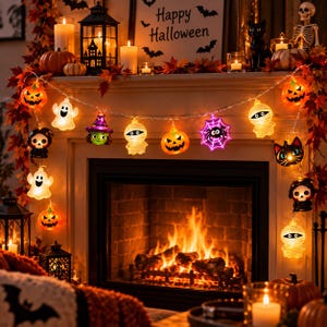 May include: A string of Halloween-themed LED lights featuring various illuminated figures including orange jack-o'-lanterns, white ghosts, a green witch, mummies, a purple spider web with a black spider, and a black cat face, all connected by a thin wire.