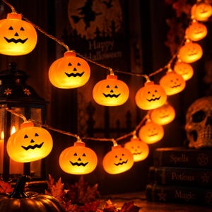 May include: A string of orange jack-o'-lantern lights featuring glowing pumpkin-shaped bulbs with black triangular eyes and jagged mouths. The lights are connected by a thin wire and emit a warm, bright glow, creating a festive illumination.