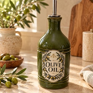Olivolja dispenser i keramik, olivgrön