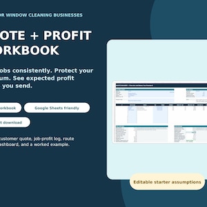 Pode incluir: Uma pasta de trabalho digital Quote + Profit para empresas de limpeza de janelas. O gráfico azul escuro exibe texto incluindo Built for Window Cleaning Businesses, Excel workbook, Google Sheets friendly e uma prévia de planilha com editable starter assumptions.