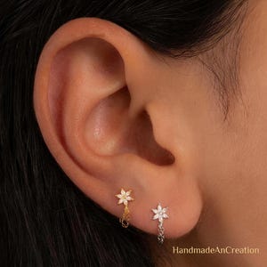 16G Flower CZ Threadless Helix Chain Push Pin Stud, Flat Back Cartilage Earring, Lobe Chain Earring, Dangling Nose Piercing