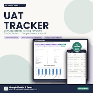May include: A UAT Tracker template for Google Sheets and Excel featuring a dashboard with test case metrics, a module breakdown, and a defect status table. The display shows a laptop and smartphone screen with data tables and a bar chart for QA teams.