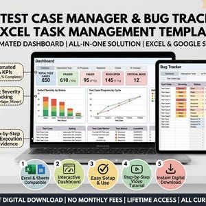 May include: A QA test case manager and bug tracker Excel task management template displayed on a laptop and tablet screen. The dashboard features automated QA KPIs, defect severity tracking, and step-by-step test execution and evidence.