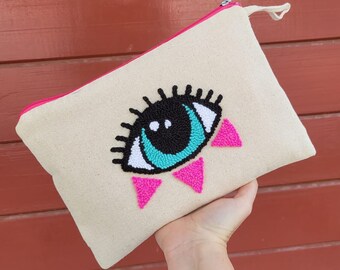 Punch needle clutch, boho eye handbag, linen wristlet for women, embroidered purse, makeup bag, evil eye clutch, large punch bags wholesale