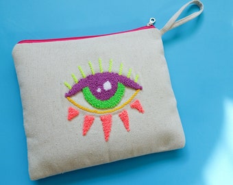 Neon evil eye bag, punch needle bag, zipper pouch for women, wholesale punch bags, toiletry bag, christmas gift ideas punch needle pouch