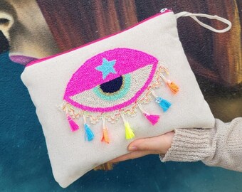 Hand tufted bag, evil eye clutch bag with tassel, Embroidery purse, boheman bag with zipper, canvas bag for women, punch needle toiletry bag