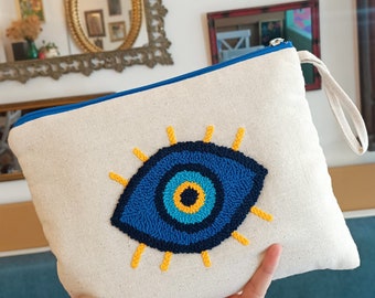 Evil eye clutch for women, Punch needle bag, boho eye handbag, embroidered purse, travel makeup bag, neon beach bag, summer accessories