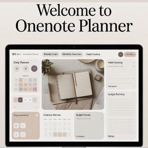 May include: A digital Onenote Planner interface displayed on a screen, featuring sections for Daily Planner, Weekly Goals, Monthly Overview, Habit Tracking, Budget Planning, and Notes, with a central image of an open spiral notebook on a desk.