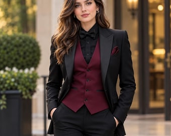 May include: A black blazer with satin lapels worn over a burgundy vest and a black button-down shirt. The ensemble includes a black bow tie and a matching burgundy pocket square, paired with black trousers to complete the formal suit attire.