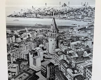 Arte de parede da Torre de Gálata em Istambul, serigrafia de edição limitada, impressão de arte turca, serigrafia assinada, 70 x 70 cm