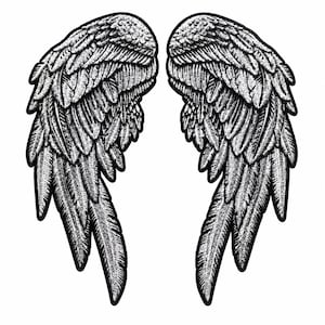 May include: A pair of embroidered patches shaped like large bird wings. The wings feature detailed white and grey feather textures with a thick black border outlining the entire shape, creating a high-contrast design on a plain white background.