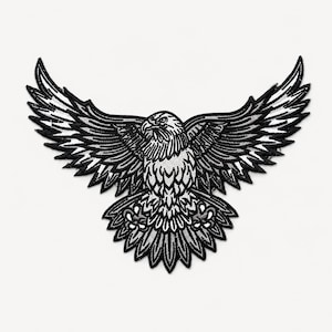 May include: An embroidered patch featuring a bald eagle in flight with wings fully spread. The design is rendered in high-contrast black, white, and shades of gray, showcasing detailed feather textures and a sharp, focused gaze on the eagle's head.