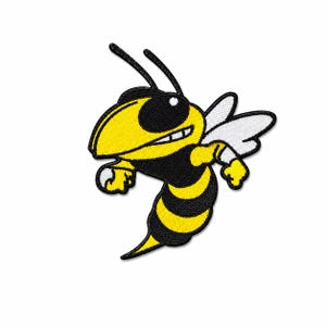 May include: An embroidered patch featuring a cartoon wasp with a yellow and black striped body, a large black eye, and white wings. The design is outlined in thick black thread, showing the insect in a dynamic, forward-leaning pose.