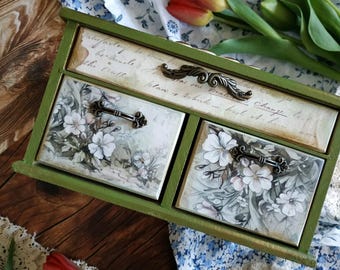 Small chest of drawers Wooden box Jewellery organizer Rustic Green decoration Decoupage