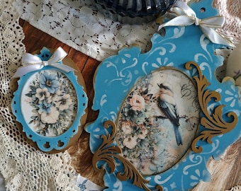 Two decoupage pieces Wall decoration Picture with bird Picture with flowers Decoration abaut wood Decoupage