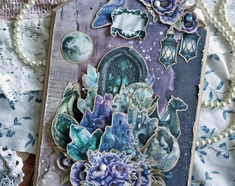 Picture abaut dragons Wooden Scrapbooking Violet and green Crystals Wooden panel Handmade