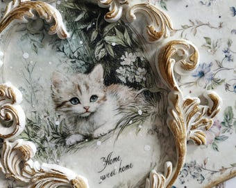 Wooden panel Decor Home Rustic Cat Delicate ornaments Gold Decoupage