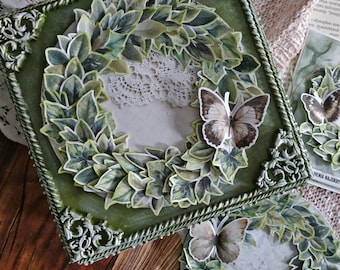 A set in shades of green Delicate Wooden box Postcards Pendant with leaflets