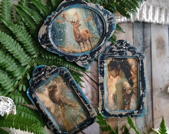 Set of magical fairy charms Wall decorations Enchanted forest Wooden pictures Decoupage