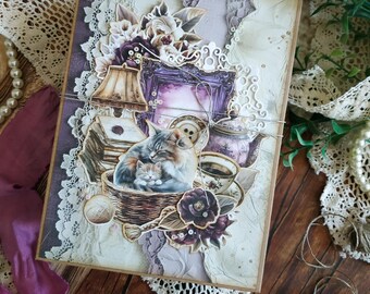 Photo album Violet Cats Dogs Vintage style Scrapbooking Kraft paper Accordion-style album
