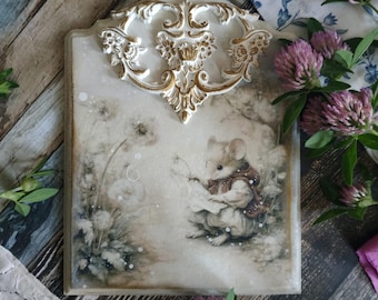 Picture with mouse Decoupage image Vintage Wall decoration Handmade picture
