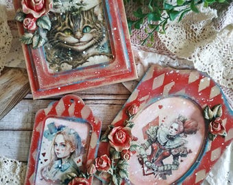 Alice in Wonderland box Wooden set Jewellery box and picture Red Roses Decoupage