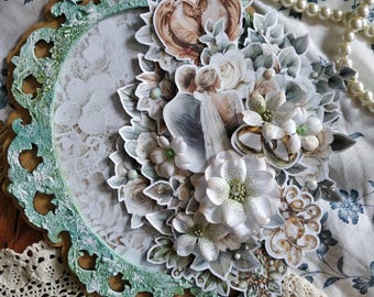 Picture Mixmedia Wedding decoration Scrapbooking Picture Wooden image Crystals Lace Green Flowers