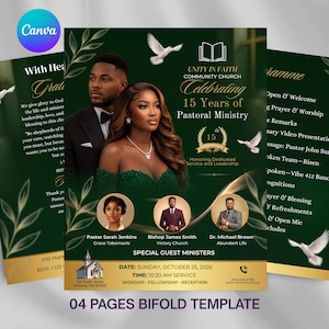 May include: A dark green bifold church event flyer template featuring a man and woman in formal attire, white doves, and text celebrating 15 years of pastoral ministry. Includes sections for guest ministers, event schedule, and contact details.