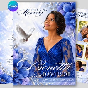 May include: A funeral program template featuring a portrait of a person in a blue dress, a white dove, and blue floral accents. The text reads In Loving Memory, Benetta Davidson, Nov. 12, 1979 - Sep. 4, 2026, and Precious Memories.