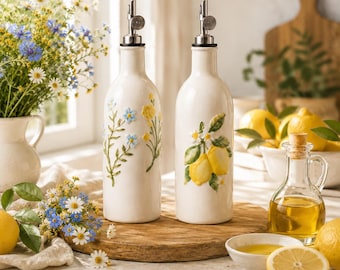 Handmade Ceramic Wildflowers Olive Oil Dispenser,Decorative Oil Bottle with Pour Spout,Cottagecore Kitchen Decor,Mom Cooking Gifts,New Home