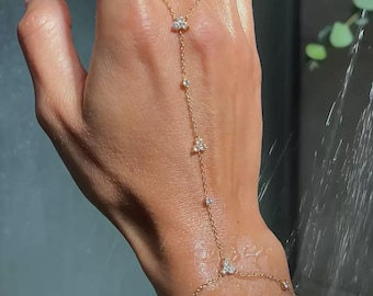 Zartes Zirkonia-Armband mit Handkette, vergoldetes Fingerkettchen, minimalistischer Brautschmuck