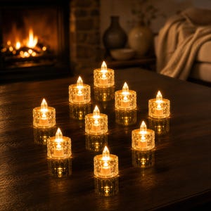 May include: A collection of nine small, round, battery-operated LED tea light candles. Each candle is housed in a clear, faceted glass holder with a diamond-cut pattern that reflects the warm, glowing light emitted from the flame-shaped bulb.