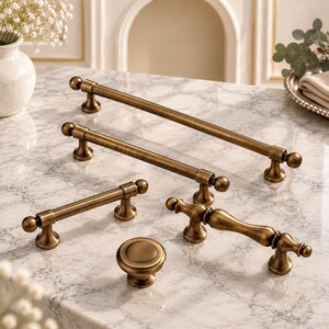Solid Brass Cabinet Knobs, Antique Brass Drawer Pulls, Vintage Kitchen Hardware, Classic Furniture Handles