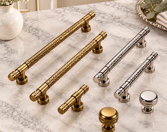 Luxury Hammered Cabinet Hardware, Textured Brass Knobs & Pulls, Designer Drawer Handles, Silver Antique Brass