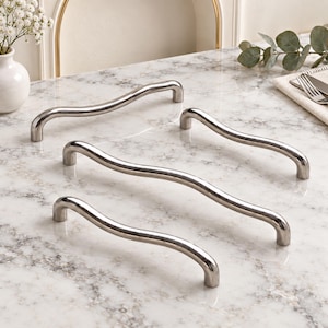 Polished Silver Cabinet Pull, Wavy Drawer Handle, Modern Chrome Kitchen Hardware, Furniture Door Pull
