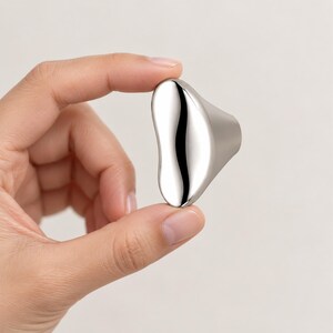 May include: A small, polished silver-toned metal object with a smooth, organic, bean-like shape and a reflective surface. The item features a curved, irregular silhouette with a tapered side, showcasing a high-gloss finish that catches light.