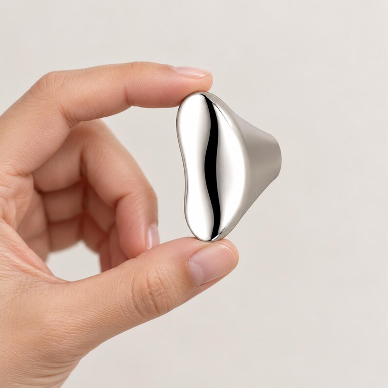 May include: A small, polished silver-toned metal object with a smooth, organic, bean-like shape and a reflective surface. The item features a curved, irregular silhouette with a tapered side, showcasing a high-gloss finish that catches light.