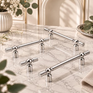 Polished Silver T-Bar Cabinet Pull, Modern Cross Knob, Metal Drawer Hardware