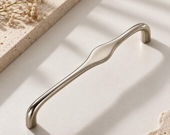 Modern Curved Cabinet Pulls, Brushed Nickel Solid Brass Handles (128mm/160mm)