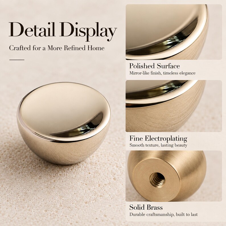 Pode incluir: Um puxador de m&oacute;vel redondo de cor dourada com uma superf&iacute;cie lisa, polida e semelhante a um espelho. A imagem inclui os textos Detail Display, Polished Surface, Fine Electroplating e Solid Brass, mostrando o topo refletor e a base roscada.