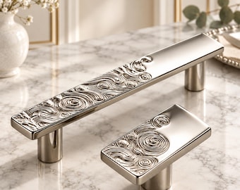 Textured Polished Nickel Cabinet Knobs, Carved Swirl Drawer Pulls (128mm)