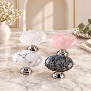 Natural Stone Cabinet Knobs, Rose Quartz Marble Drawer Pulls, Polished Chrome Hardware